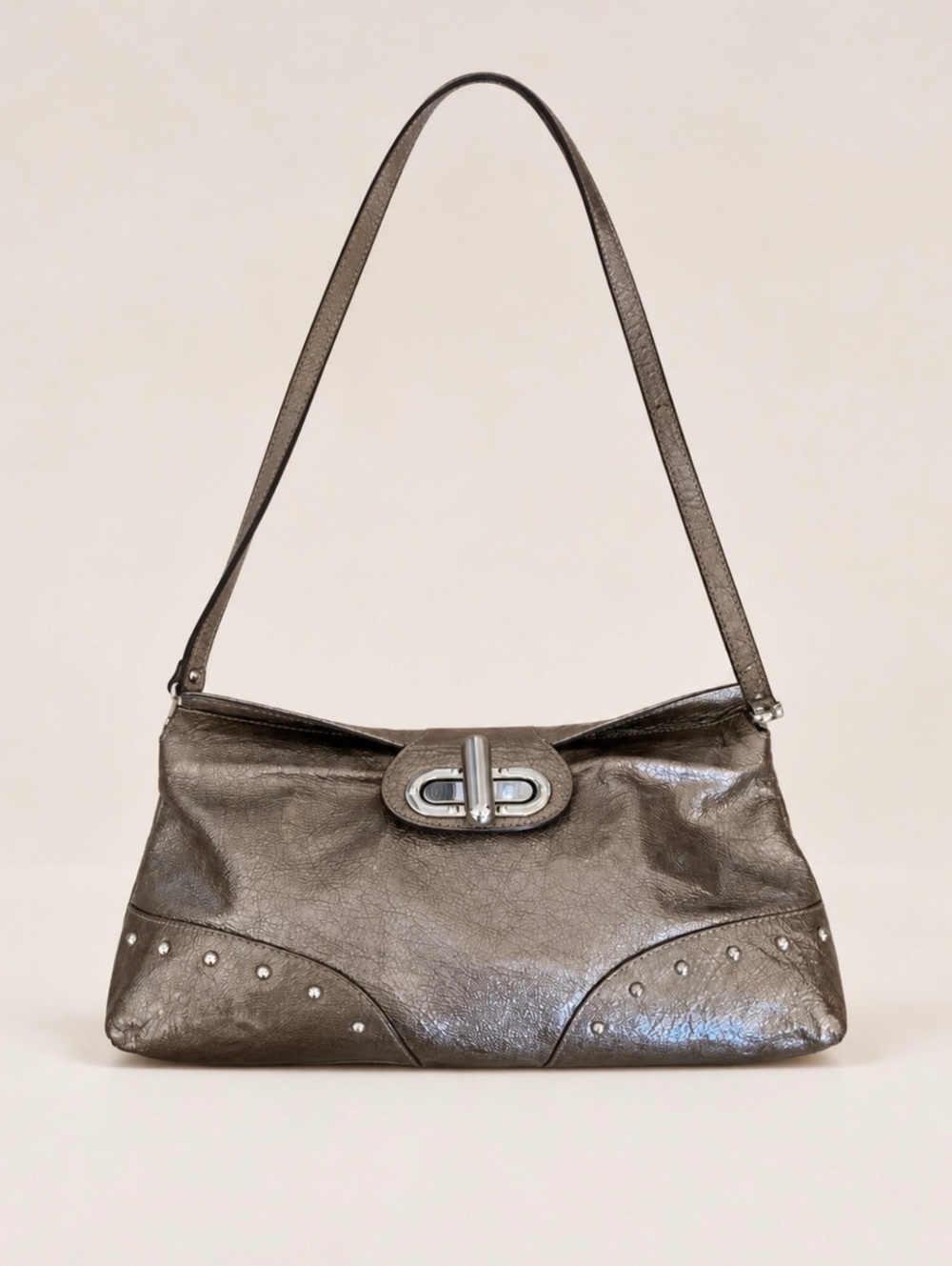 Nuovedive Brown Genuine Leather Shoulder Bag with Shimmer Finish and Stud Detail